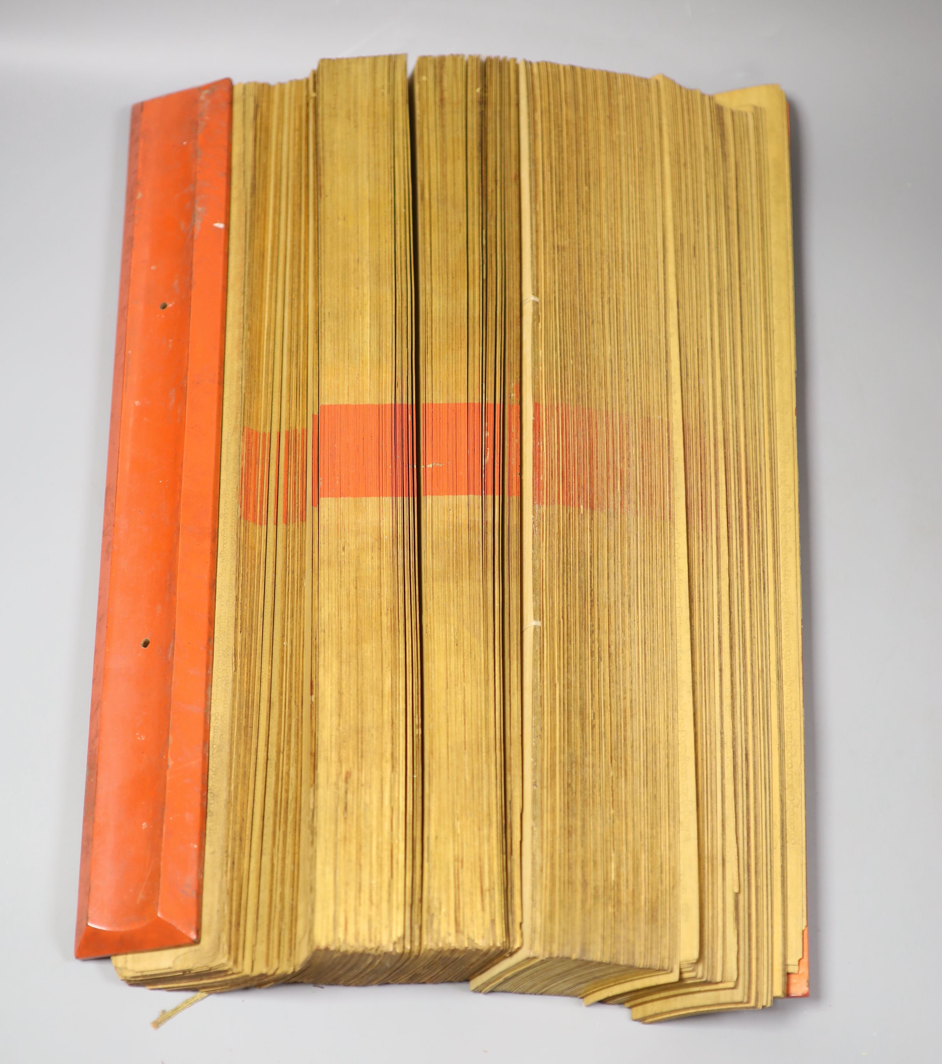 Three 19th century Burmese lacquered Sutra manuscripts, each written in Pali on bamboo leaves, gold leaf edging